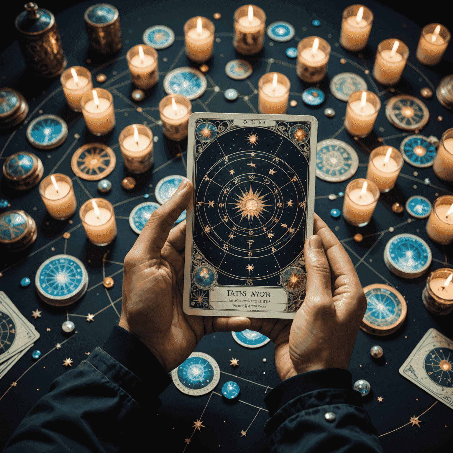 Egy személy, aki tarot kártyákat tart a kezében, miközben az asztrológiai térképe lebeg körülötte hologramként