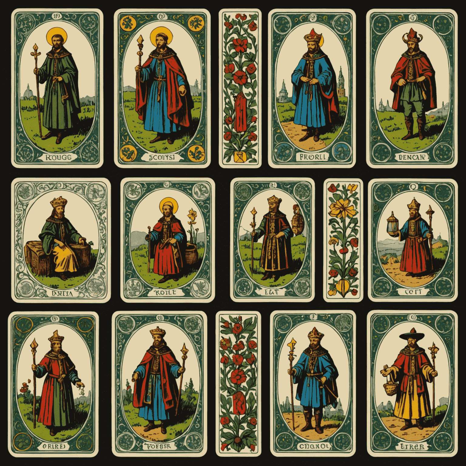 Hagyományos magyar motívumokkal díszített tarot kártyák, amelyek a helyi kultúra és a tarot gyakorlat egyedi keverékét mutatják be.